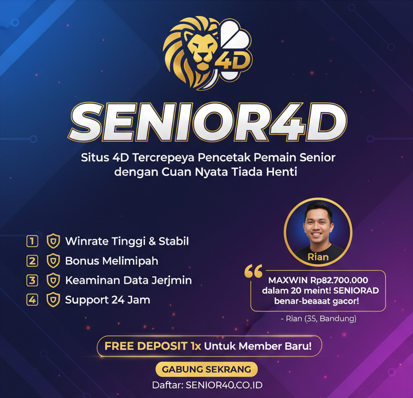 Logo SENIOR4D dengan ikon singa emas di atas teks 'SENIOR4D'. Slogan 'Situs 4D Terpercaya Pencetak Pemain Senior dengan Cuan Tiada Henti' terletak di bawah logo. Terdapat empat poin utama: Winrate Tinggi & Stabil, Bonus Melimpah, Keamanan Data Terjamin, dan Support 24 Jam. Di sisi kanan, ada testimoni dari Rian (35, Bandung) yang mengklaim Maxwin Rp82.700.000, serta penawaran 'FREE DEPOSIT 1x Untuk Member Baru' dan alamat pendaftaran SENIOR4D.CO.ID.